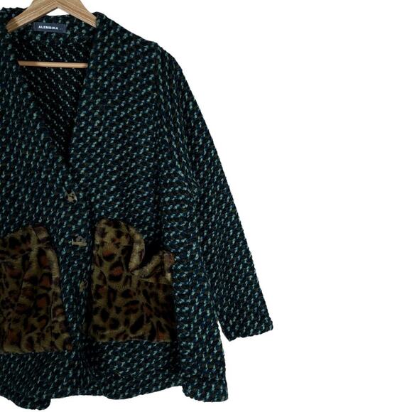 Alembika Womens Jacket XS Textured Wool Blend Leopard Faux Fur Pockets Boho Fit - Picture 2 of 11